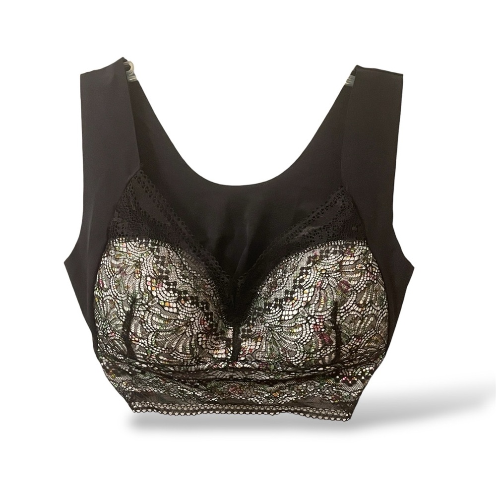 Festival Black Lace Bralette with Subtle Multicolor Floral Accents Goth Vamp NWT